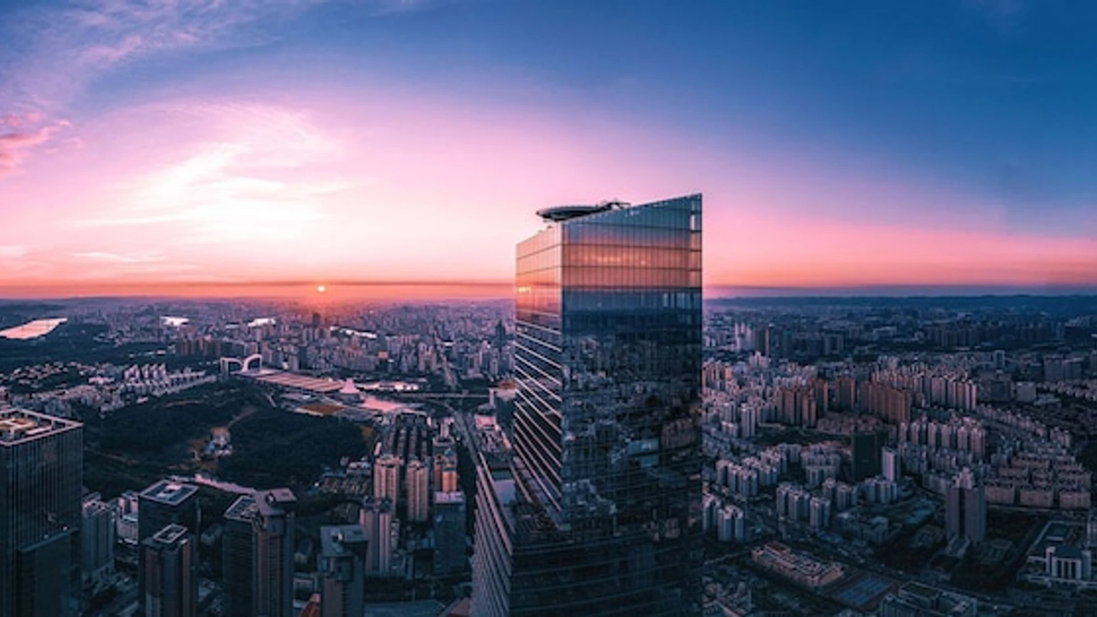 Aerial view of the tower at sunset