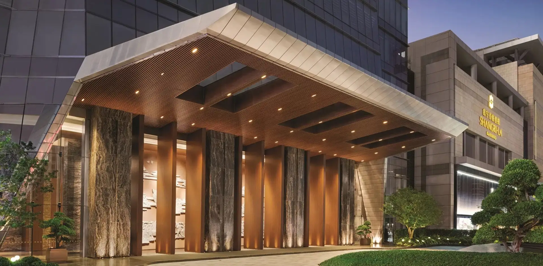 Hotel grand entrance at dusk