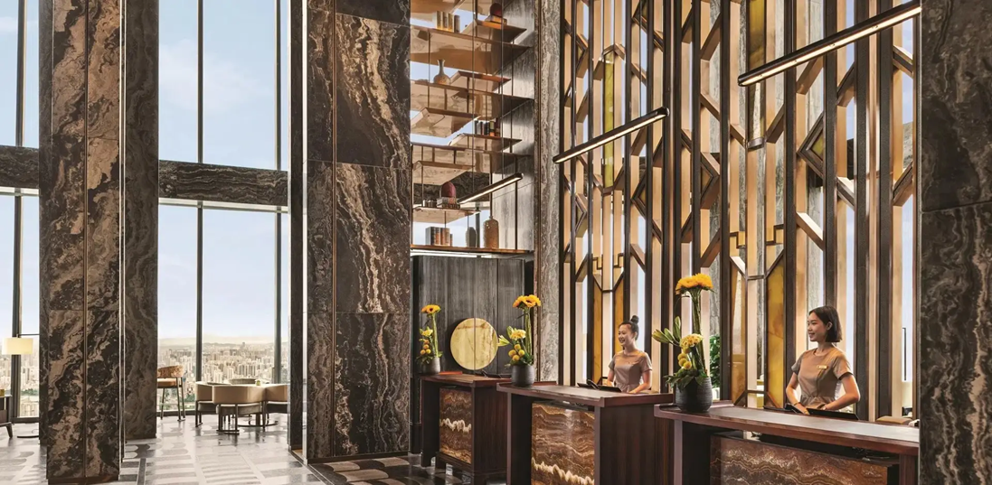 Elegant hotel lobby with marble columns