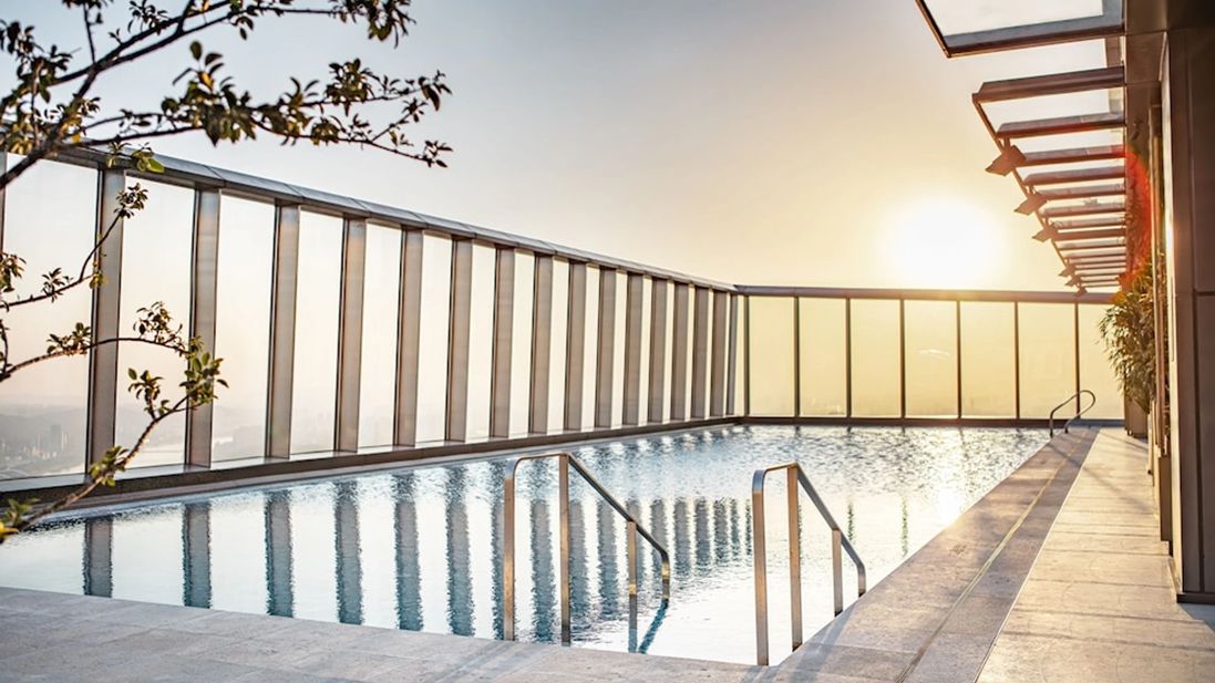 Rooftop pool at golden hour