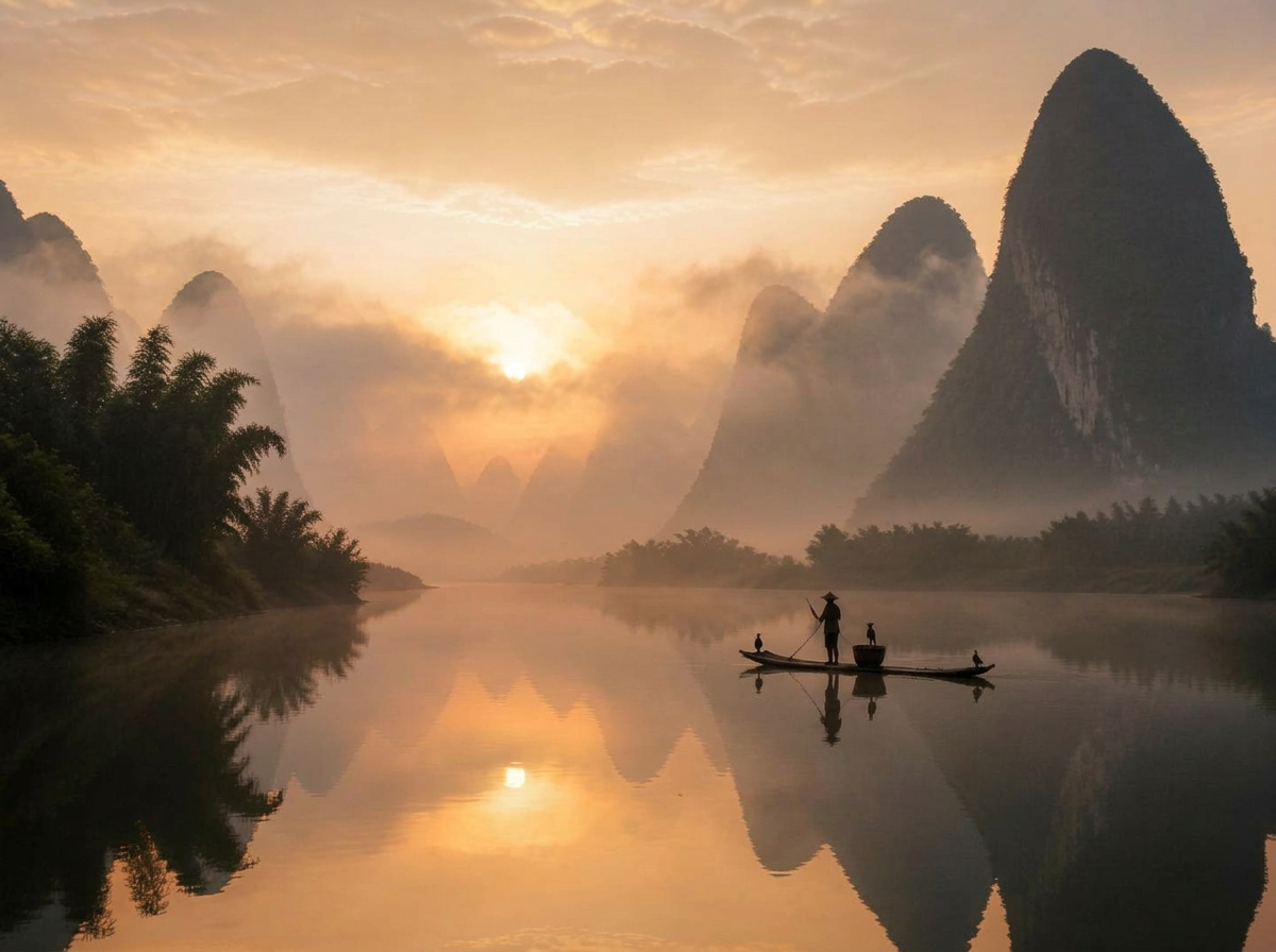 Misty sunrise over Guilin karst mountains with a fisherman on a bamboo raft